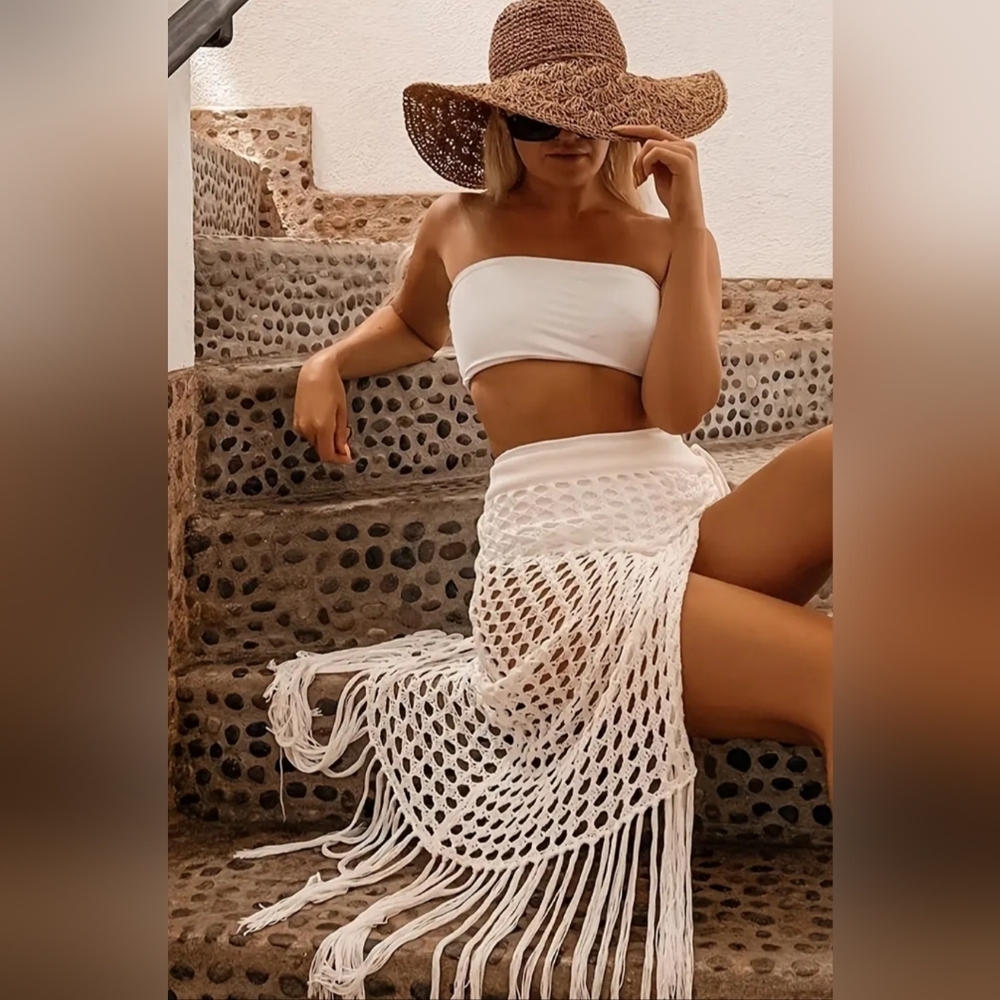 Sheer M White Crochet Fringe Skirt Preppy Summer‎ Coquette Vacation Coverup